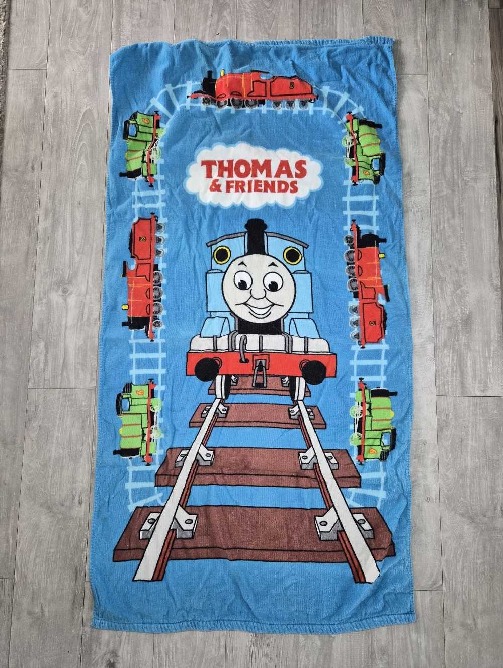 Thomas & Friends Blue Towel with Red & Green Train Accents